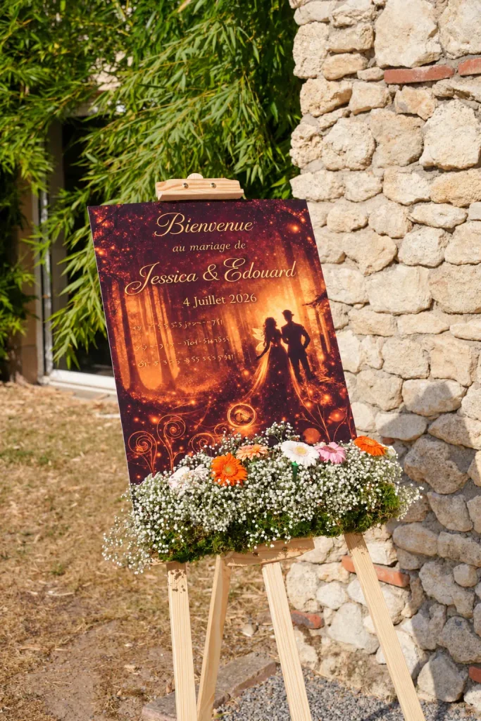Panneau de bienvenue de mariage sur le thème de la forêt enchantée, décoré de gerberas et de gypsophile — You You and Me